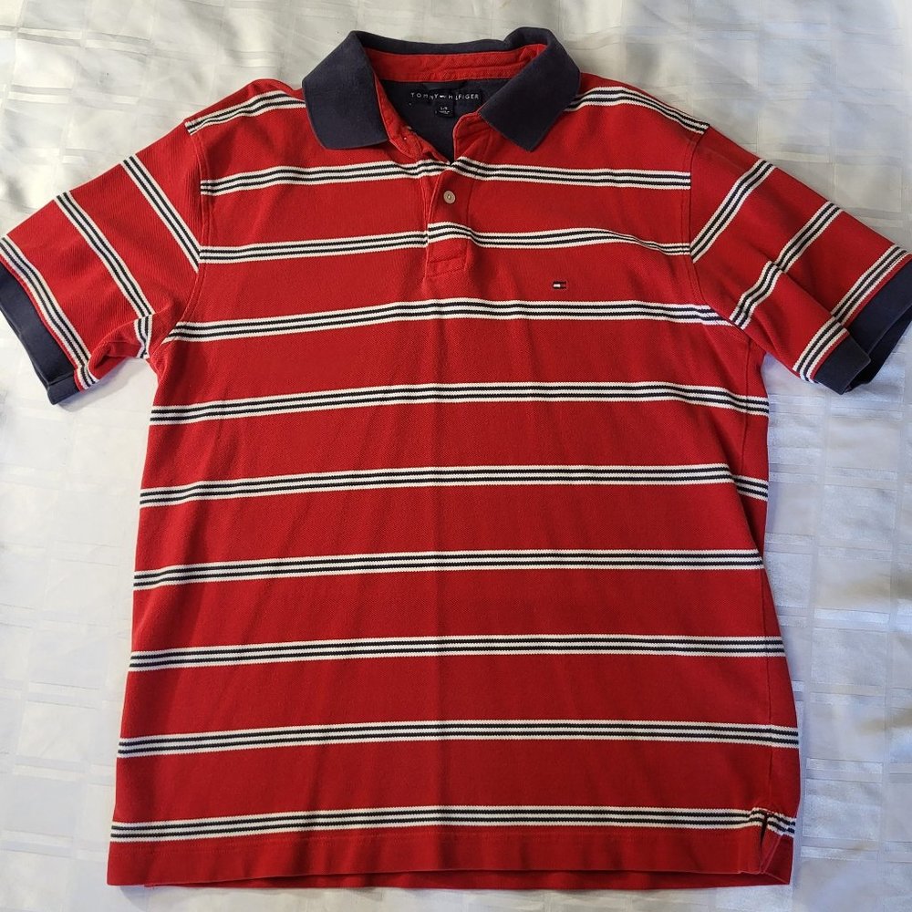 TOMMY HILFIGER POLO RED WHITE BLUE MEN'S COLLAR FORMAL DRESS FASHION WEAR LARGE